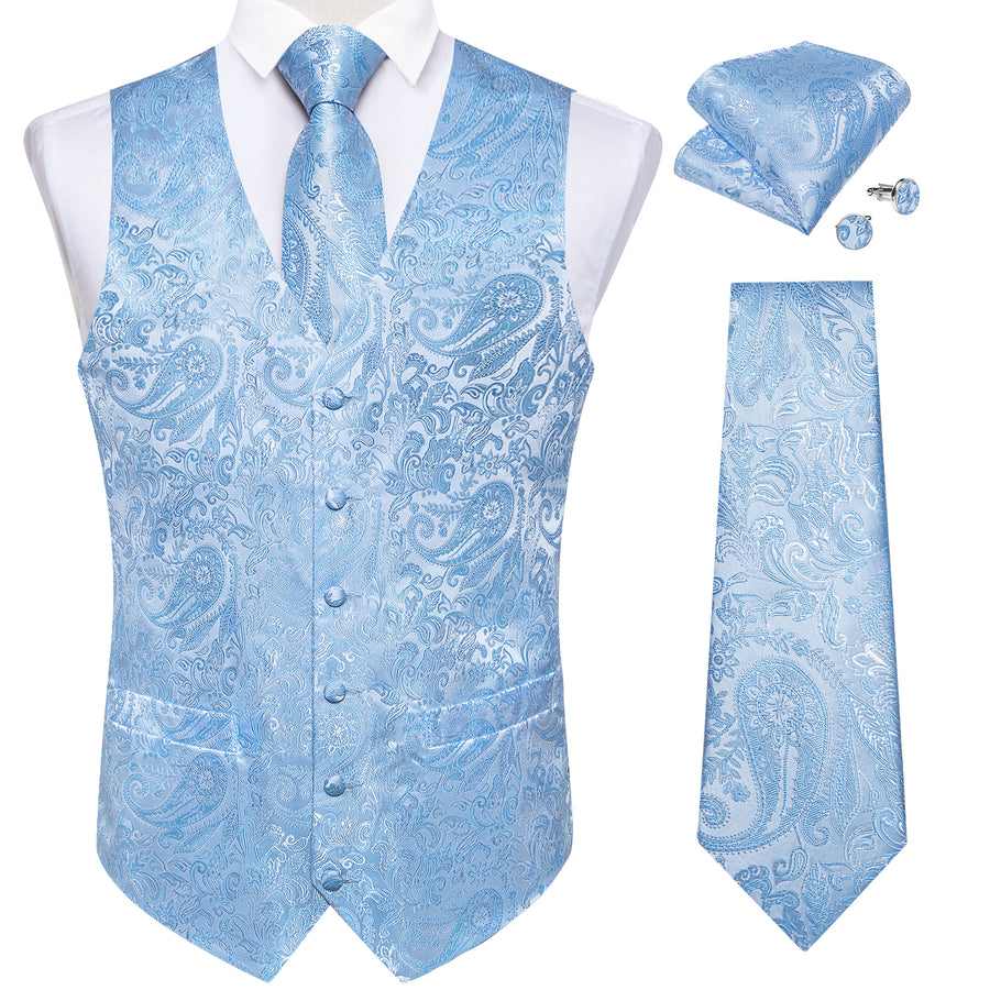 Sky Blue Paisley Silk Vest Set vest set - Sophisticated Gentlemen