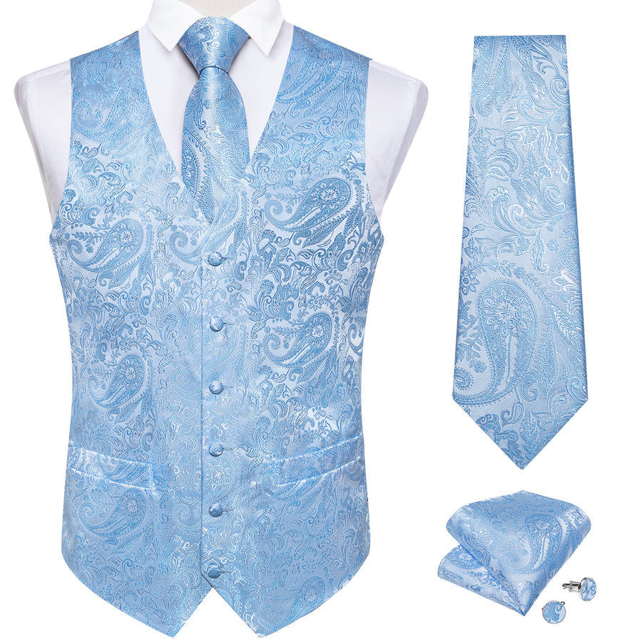 Sky Blue Paisley Silk Vest Set vest set - Sophisticated Gentlemen