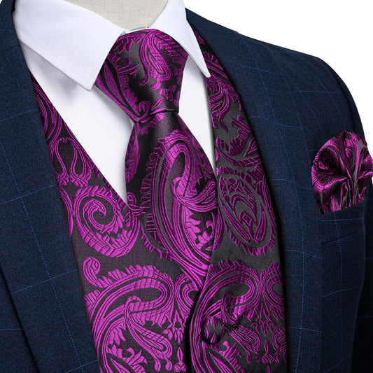 Black Purple Paisley Silk Men's Vest Set vest set S (Chest 40")   - Sophisticated Gentlemen