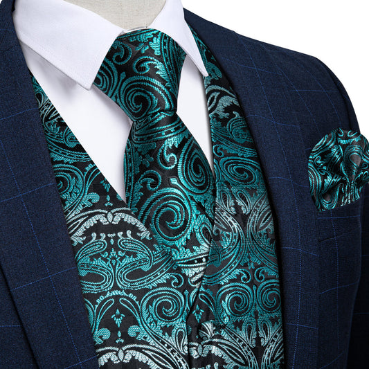 Blue Gray Paisley Silk Men's Vest Set vest set S (Chest 40")   - Sophisticated Gentlemen