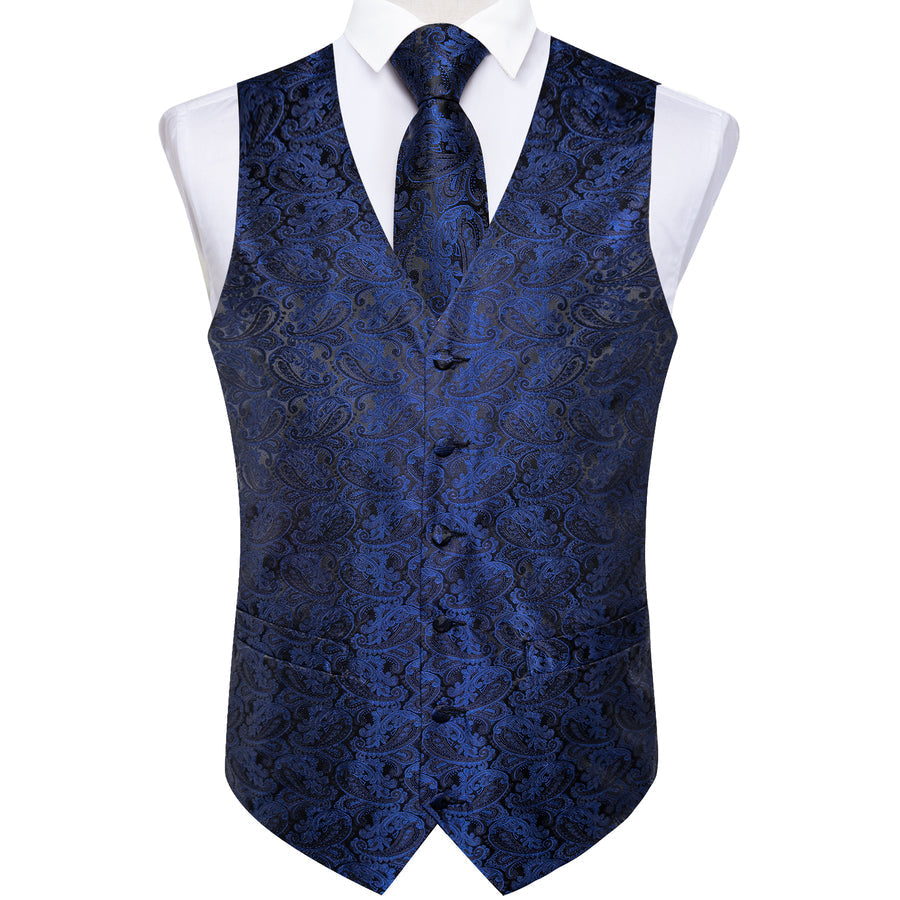 Navy Blue Paisley Silk Vest Set vest set - Sophisticated Gentlemen