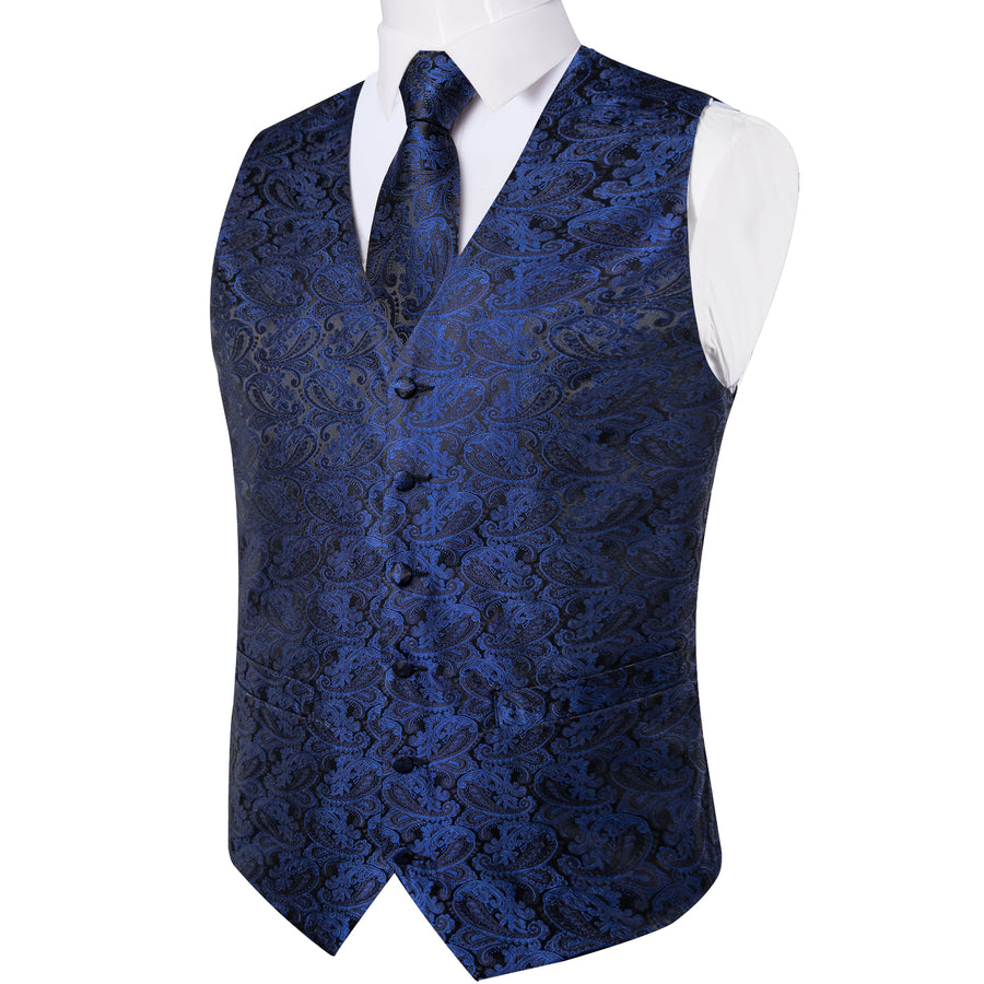 Navy Blue Paisley Silk Vest Set vest set - Sophisticated Gentlemen