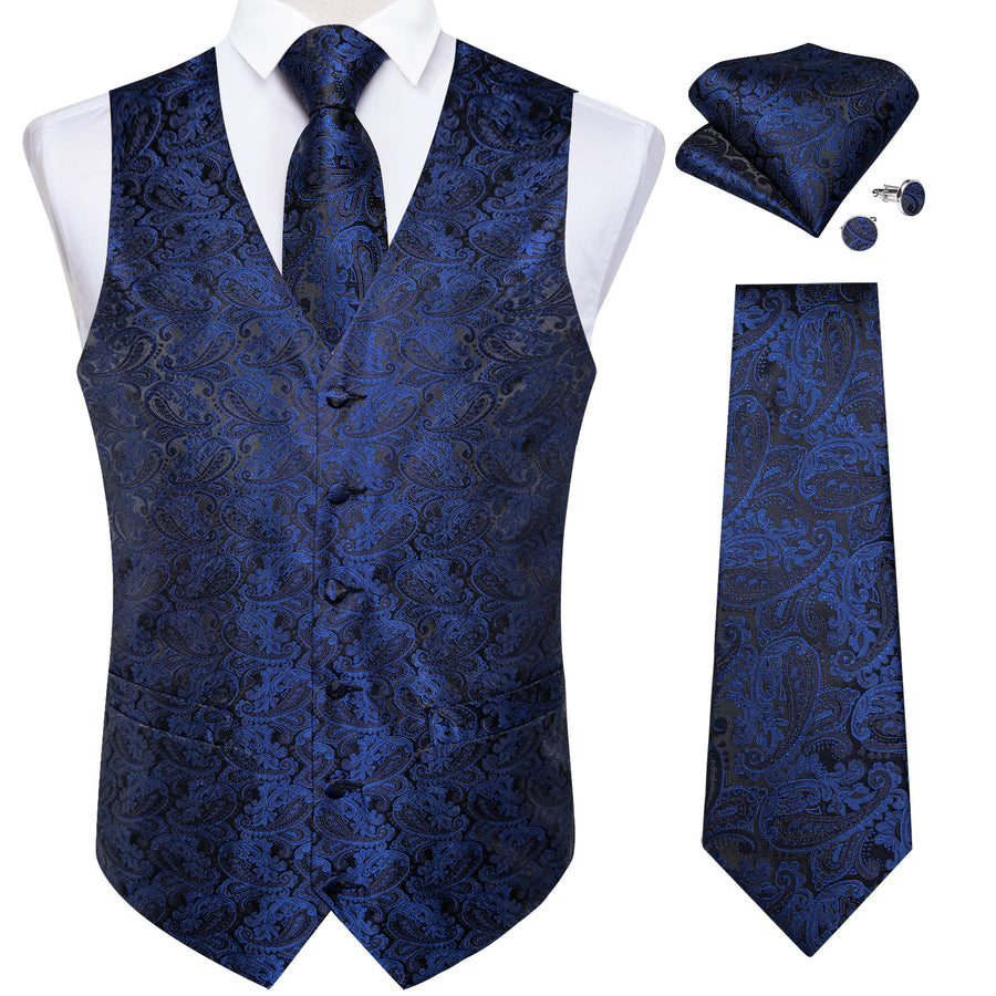 Navy Blue Paisley Silk Vest Set vest set - Sophisticated Gentlemen