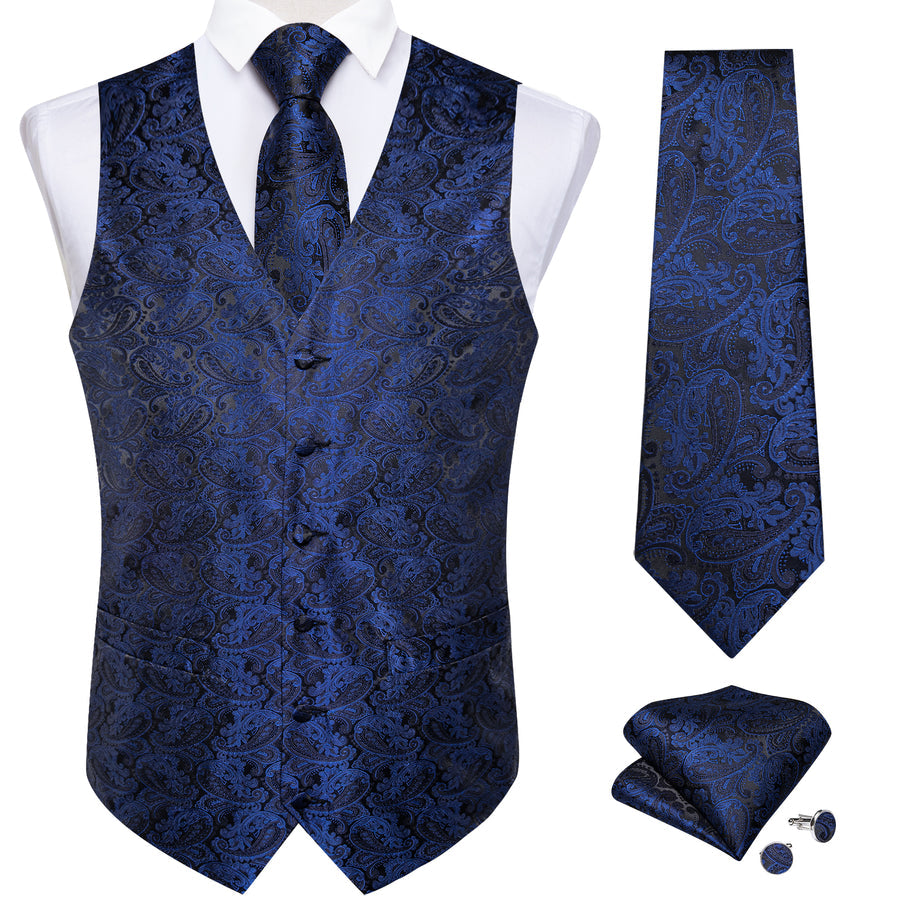 Navy Blue Paisley Silk Vest Set vest set - Sophisticated Gentlemen