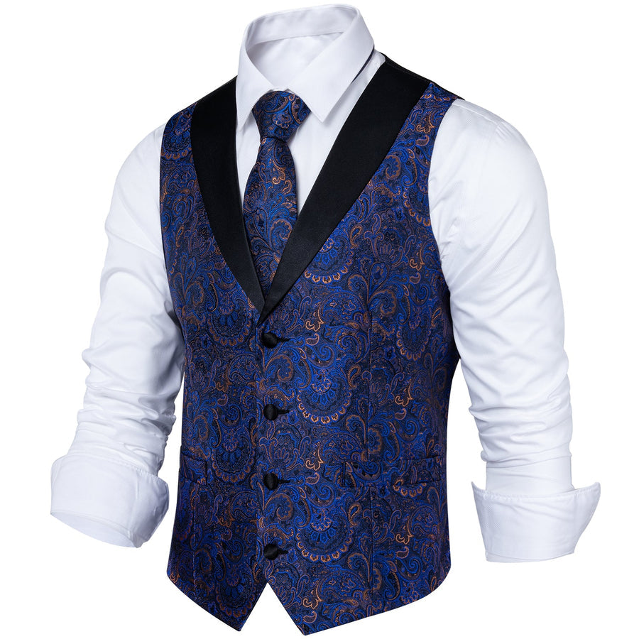 Black Collar Blue Paisley Jacquard V Neck Vest Set vest set - Sophisticated Gentlemen