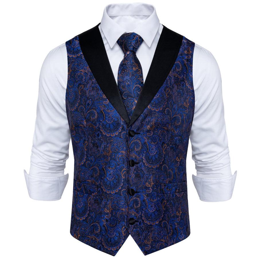 Black Collar Blue Paisley Jacquard V Neck Vest Set vest set - Sophisticated Gentlemen