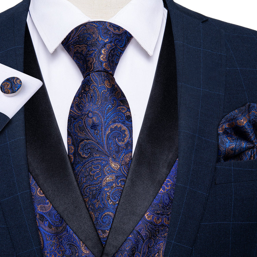 Black Collar Blue Paisley Jacquard V Neck Vest Set vest set - Sophisticated Gentlemen