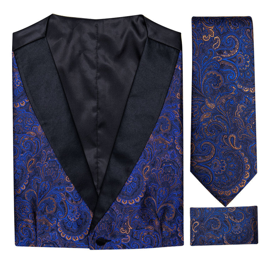Black Collar Blue Paisley Jacquard V Neck Vest Set vest set - Sophisticated Gentlemen