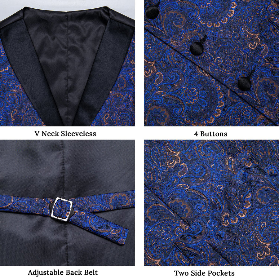 Black Collar Blue Paisley Jacquard V Neck Vest Set vest set - Sophisticated Gentlemen