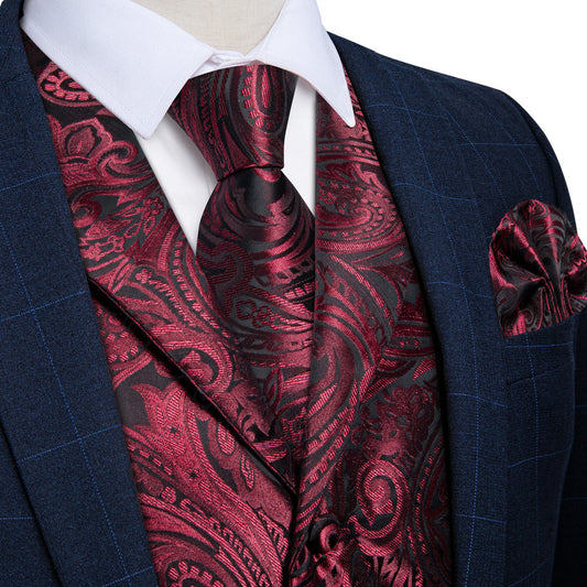 Deep Red Paisley Men's Collar Vest Set vest set S (Chest 40")   - Sophisticated Gentlemen