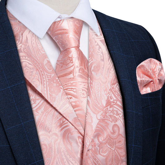 Baby Pink Paisley Vest and Collar Set - 4 Piece vest set S (Chest 40")   - Sophisticated Gentlemen