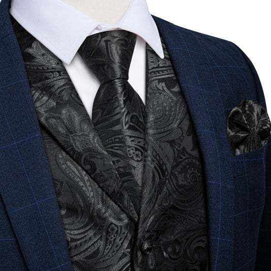 Black Paisley Men's Collar Vest Set vest set S (Chest 40")   - Sophisticated Gentlemen