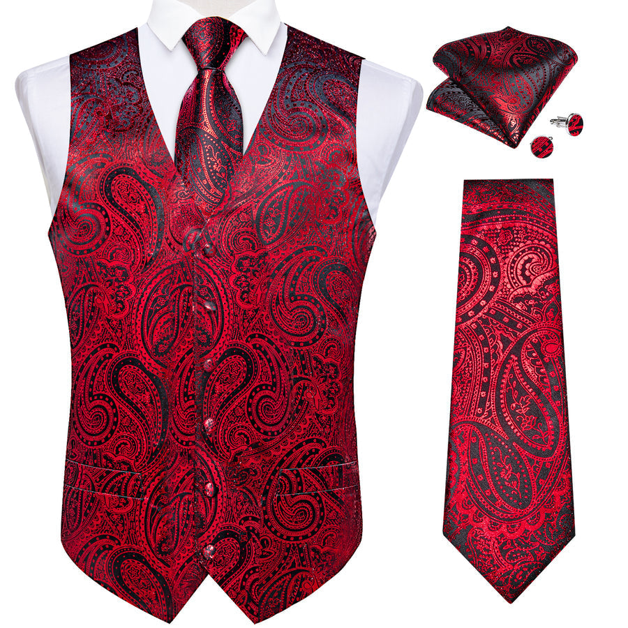 Red Paisley Silk Men's Vest Set vest set - Sophisticated Gentlemen