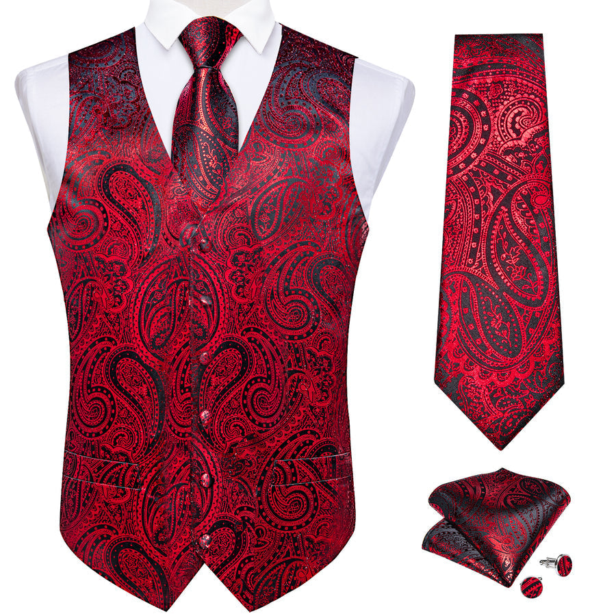 Red Paisley Silk Men's Vest Set vest set - Sophisticated Gentlemen