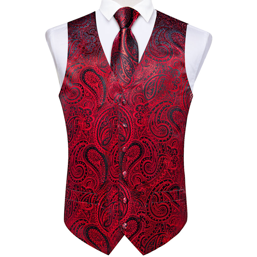 Red Paisley Silk Men's Vest Set vest set - Sophisticated Gentlemen