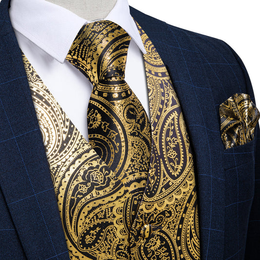 Gold Black Paisley Hot Stamping Silk Men's Vest Set vest set S (Chest 40")   - Sophisticated Gentlemen