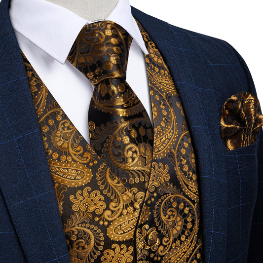 Gold Black Paisley Silk Men's Vest Set vest set S (Chest 40")   - Sophisticated Gentlemen