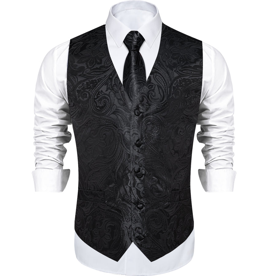 Black Paisley Flower Silk Men's Vest Set vest set - Sophisticated Gentlemen
