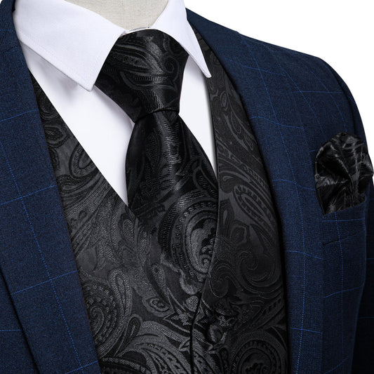Black Paisley Flower Silk Men's Vest Set vest set S (Chest 40")   - Sophisticated Gentlemen