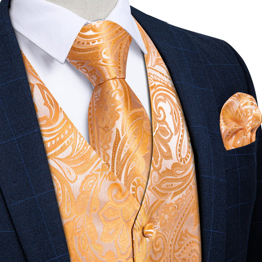Orange Paisley Flower Silk Men's Vest Set vest set S (Chest 40")   - Sophisticated Gentlemen