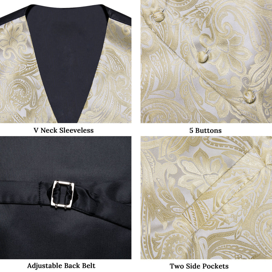 Beige Paisley Floral Silk Vest Set - 4 Piece vest set - Sophisticated Gentlemen