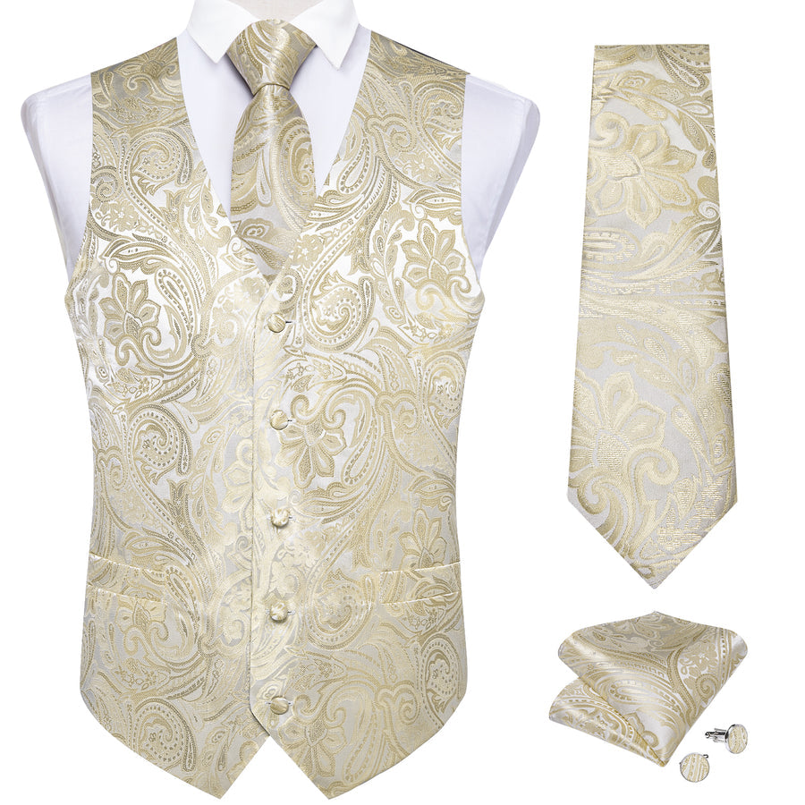 Beige Paisley Floral Silk Vest Set - 4 Piece vest set - Sophisticated Gentlemen