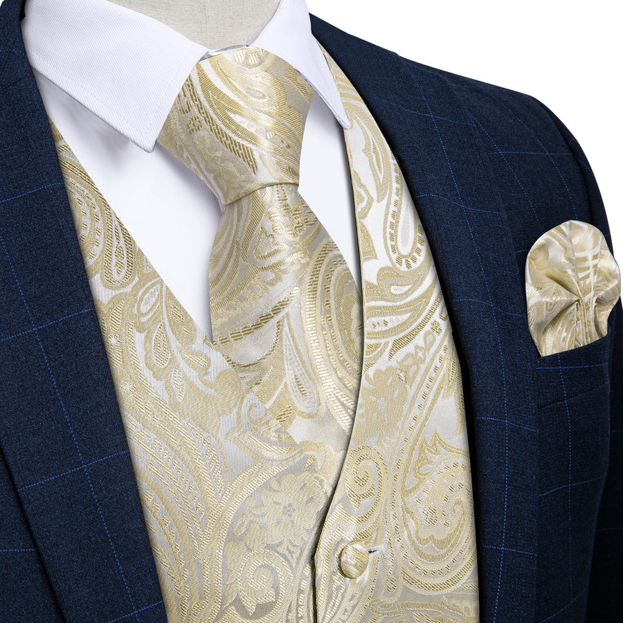 Beige Paisley Floral Silk Vest Set - 4 Piece vest set S (Chest 40") - Sophisticated Gentlemen