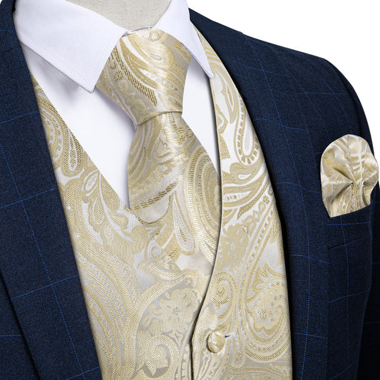 Beige Paisley Floral Silk Vest Set - 4 Piece vest set S (Chest 40")   - Sophisticated Gentlemen