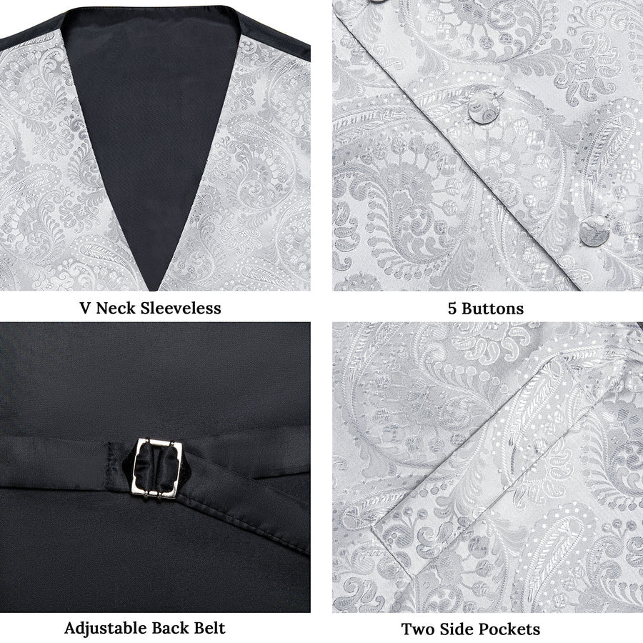 Silver Paisley Jacquard Silk Vest Set vest set - Sophisticated Gentlemen