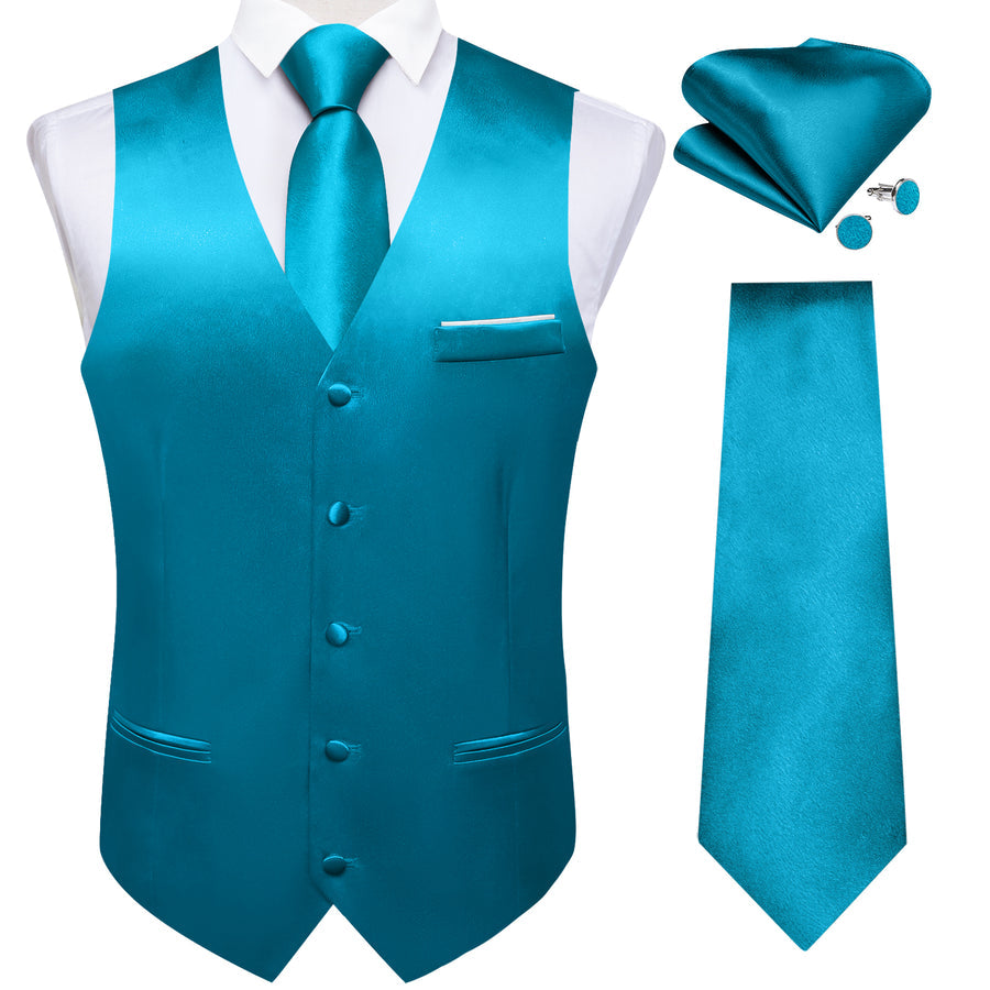 Classic Blue Solid Shining Silk Men's Bowtie Vest Set vest set S (Chest 40")   - Sophisticated Gentlemen