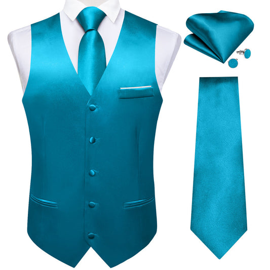 Classic Blue Solid Shining Silk Men's Bowtie Vest Set vest set S (Chest 40")   - Sophisticated Gentlemen
