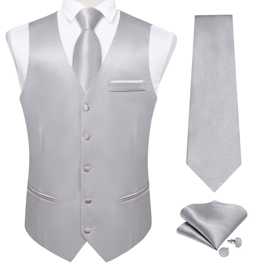 New Silver Solid Shining Silk Vest Set vest set - Sophisticated Gentlemen