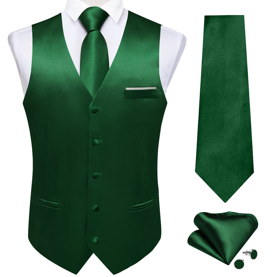 Dark Green Solid Shining Silk Vest Set vest set - Sophisticated Gentlemen