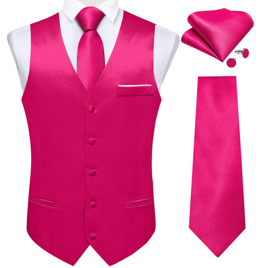 Deep Pink Solid Shining Silk Men's Bowtie Vest Set vest set S (Chest 40")   - Sophisticated Gentlemen