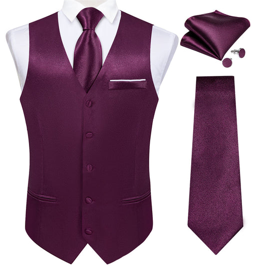 Deep Purple Solid Shining Silk Men's Bowtie Vest Set vest set S (Chest 40")   - Sophisticated Gentlemen