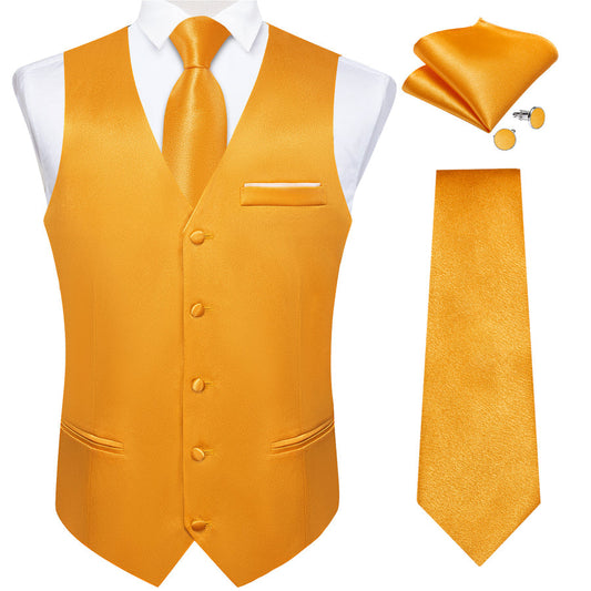 Deep Yellow Solid Shining Silk Men's Bowtie Vest Set vest set S (Chest 40")   - Sophisticated Gentlemen