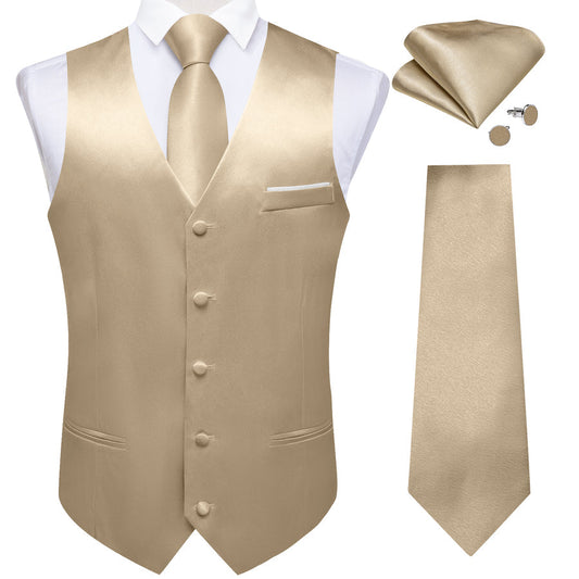 New Champagne Solid Shining Silk Vest Set vest set S (Chest 40")   - Sophisticated Gentlemen