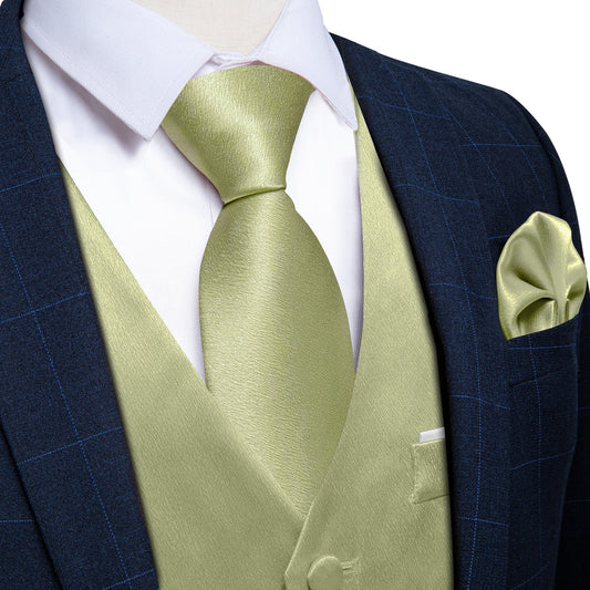 Avocado Green Solid Silk Vest Set - 4 Piece vest set    - Sophisticated Gentlemen