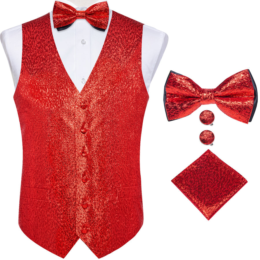 Red Shining Solid Bowtie Vest Set vest set S (Chest 40") - Sophisticated Gentlemen