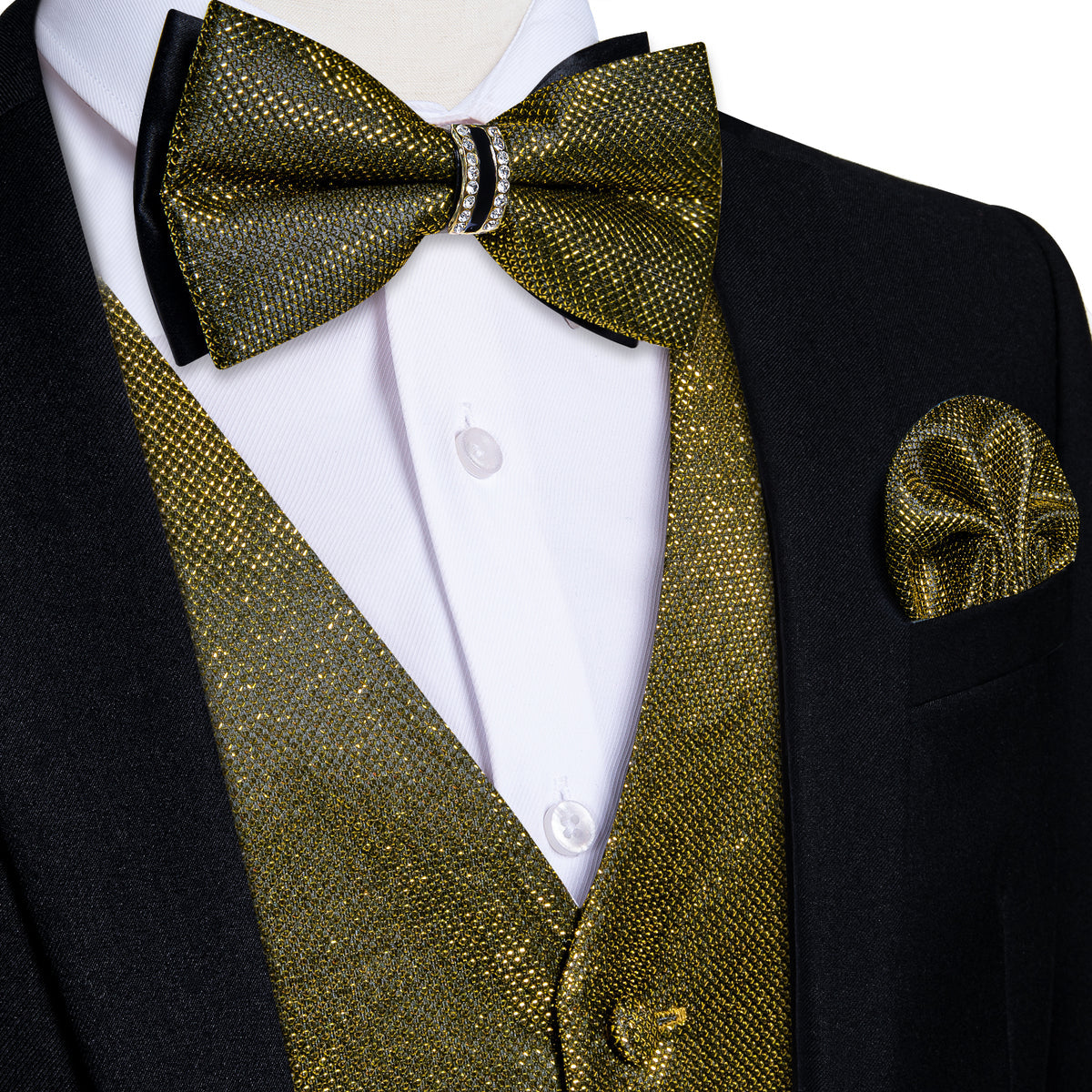 Army Green Shiny Vest Set with Matching Bow Tie, Hanky, and Cufflinks vest set S (Chest 40) - Sophisticated Gentlemen