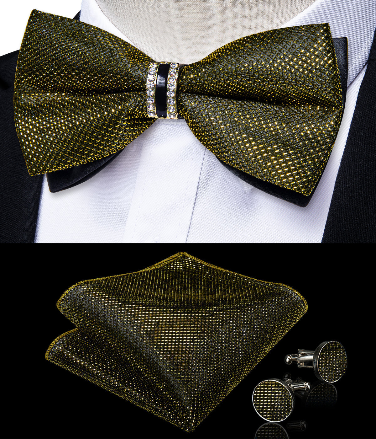 Army Green Shiny Vest Set with Matching Bow Tie, Hanky, and Cufflinks vest set - Sophisticated Gentlemen