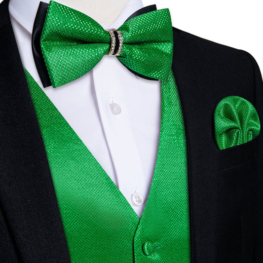 Green Solid Shiny Men's Bowtie Vest Set vest set S (Chest 40")   - Sophisticated Gentlemen