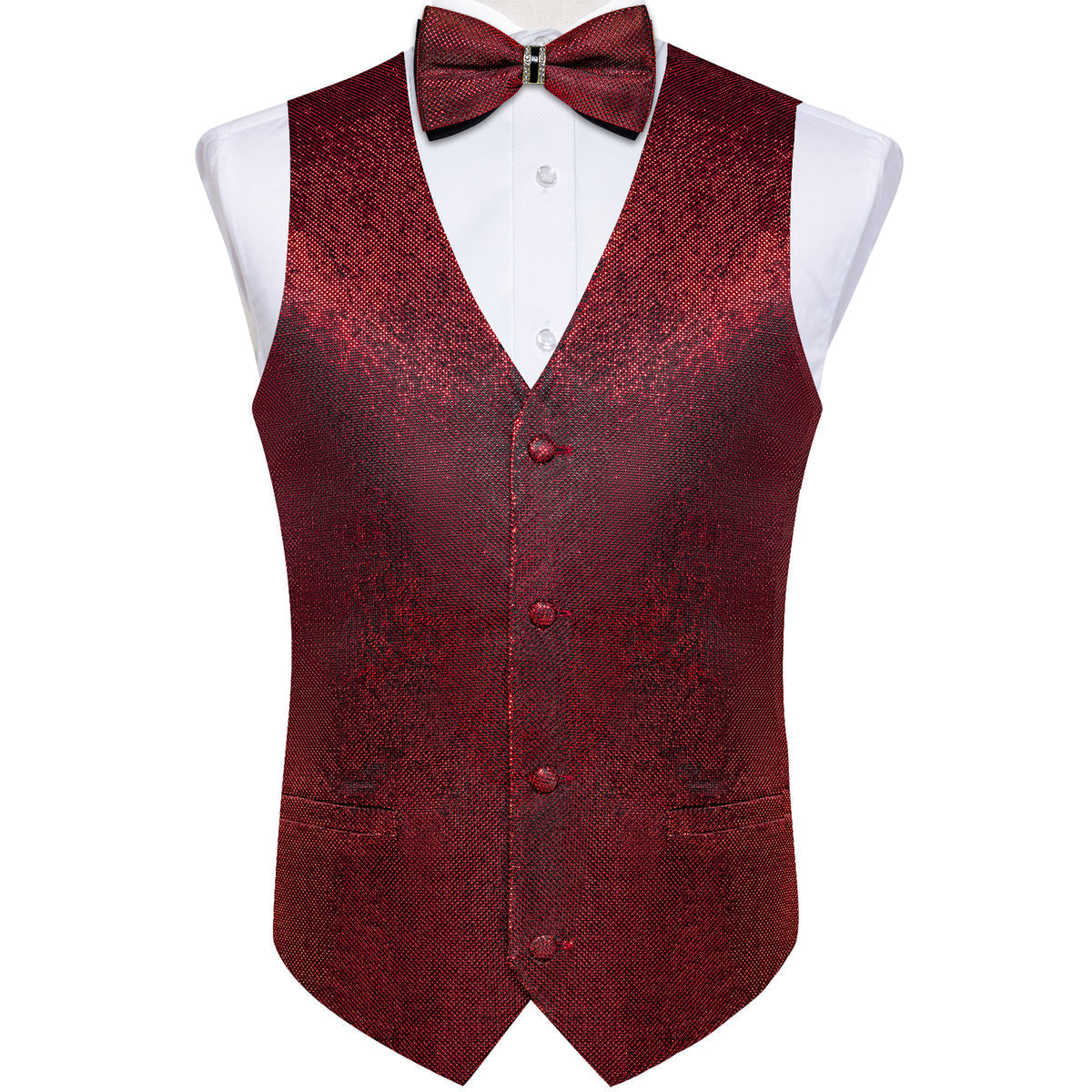 Burgundy Red Shiny Vest Set with Matching Bow Tie, Hanky, and Cufflinks vest set - Sophisticated Gentlemen
