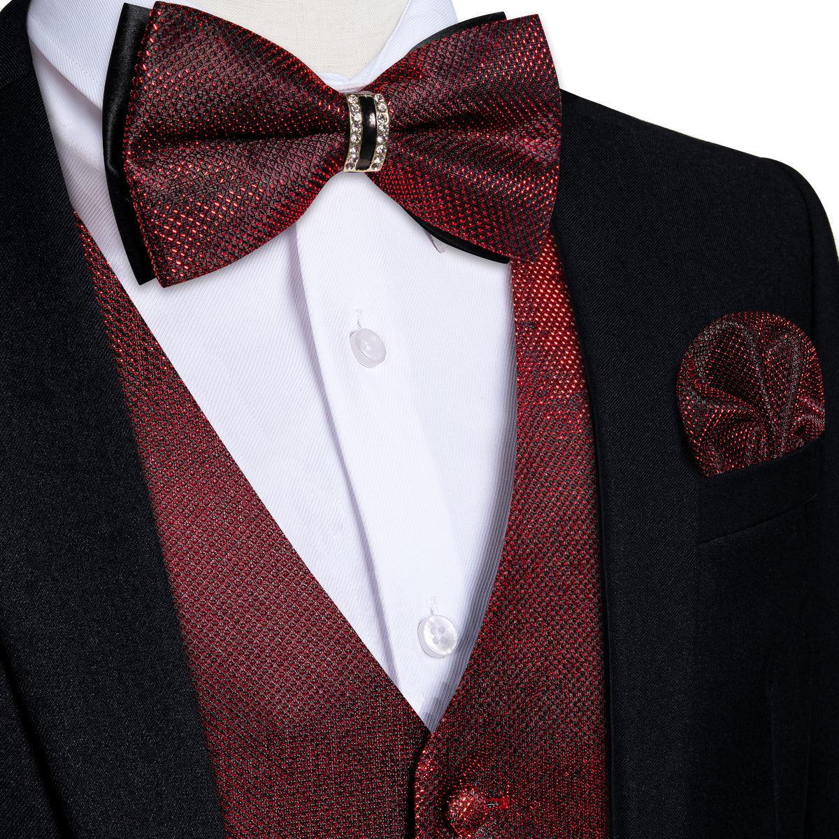 Burgundy Red Shiny Vest Set with Matching Bow Tie, Hanky, and Cufflinks vest set S (Chest 40) - Sophisticated Gentlemen