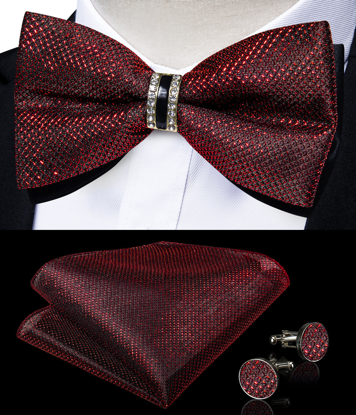 Burgundy Red Shiny Vest Set with Matching Bow Tie, Hanky, and Cufflinks vest set - Sophisticated Gentlemen