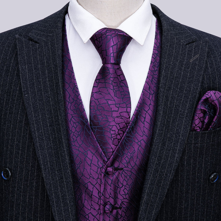 Purple Black Plaid Jacquard Silk Vest Set vest set - Sophisticated Gentlemen