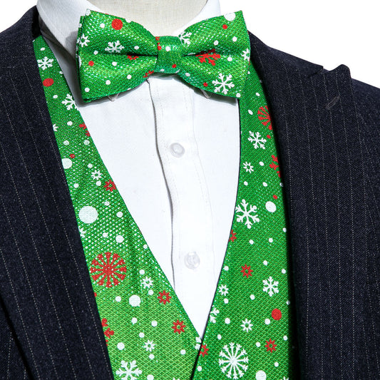 Christmas Green Snow Novelty Silk Men's Bowtie Vest Set vest set S (Chest 40")   - Sophisticated Gentlemen