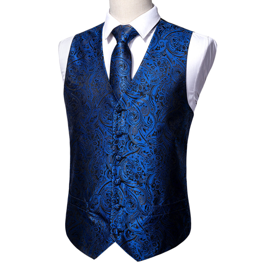 Navy Blue Paisley Silk 4-Piece Vest Set vest set - Sophisticated Gentlemen