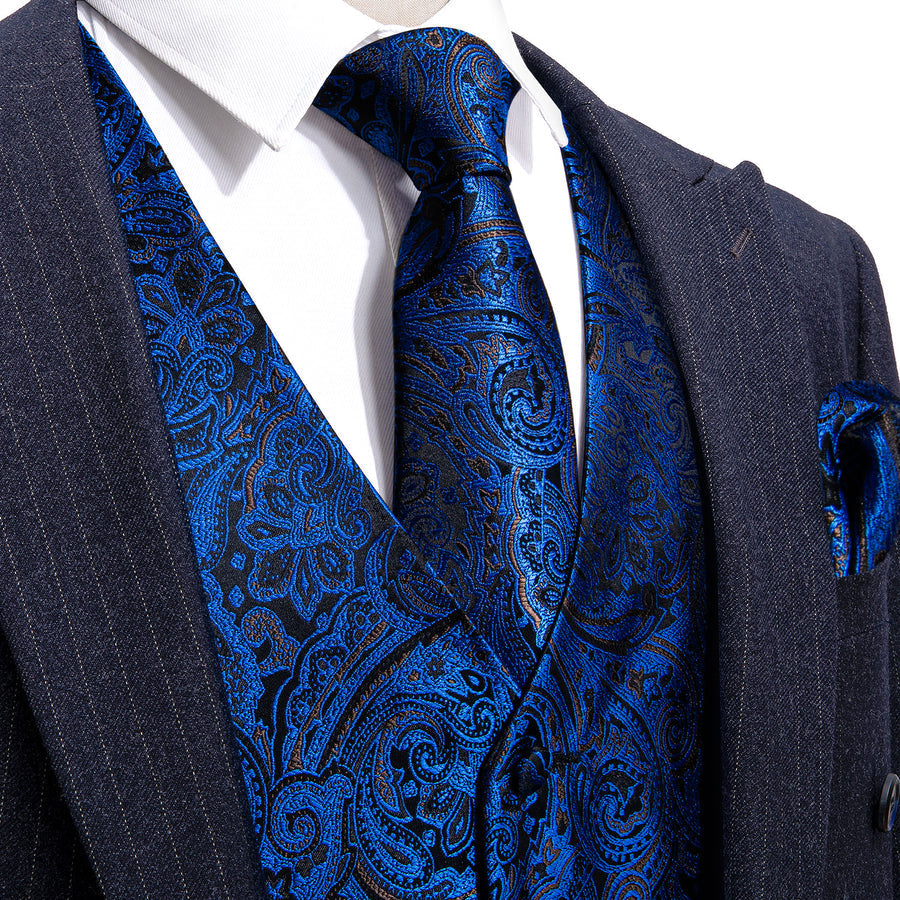 Navy Blue Paisley Silk 4-Piece Vest Set vest set S (Chest 40") - Sophisticated Gentlemen
