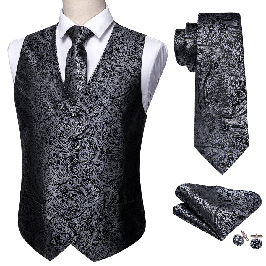 New Silver and Black Paisley Vest Set vest set - Sophisticated Gentlemen